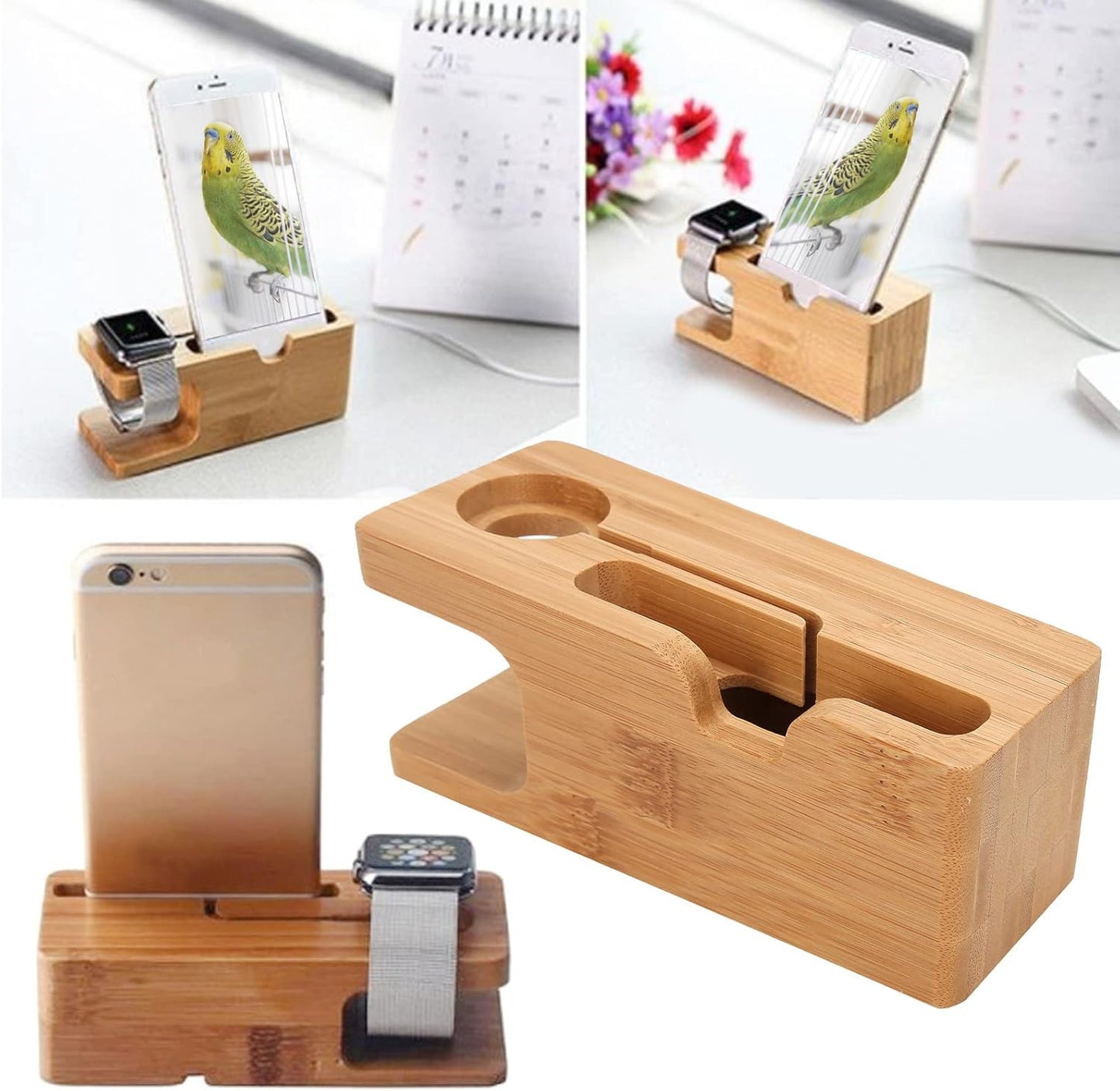 Pssopp Bamboo Charging Station - Wooden Desktop Docking Station Organizer for Cellphone, Smart Watch, Tablet Charging