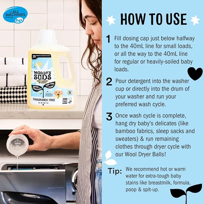 Molly's Suds Baby Liquid Laundry Detergent | Removes Formula, Poop & Spit-Up Stains | Extra Gentle for Infants, Babies, Toddlers (Fragrance Free, 200 Loads)