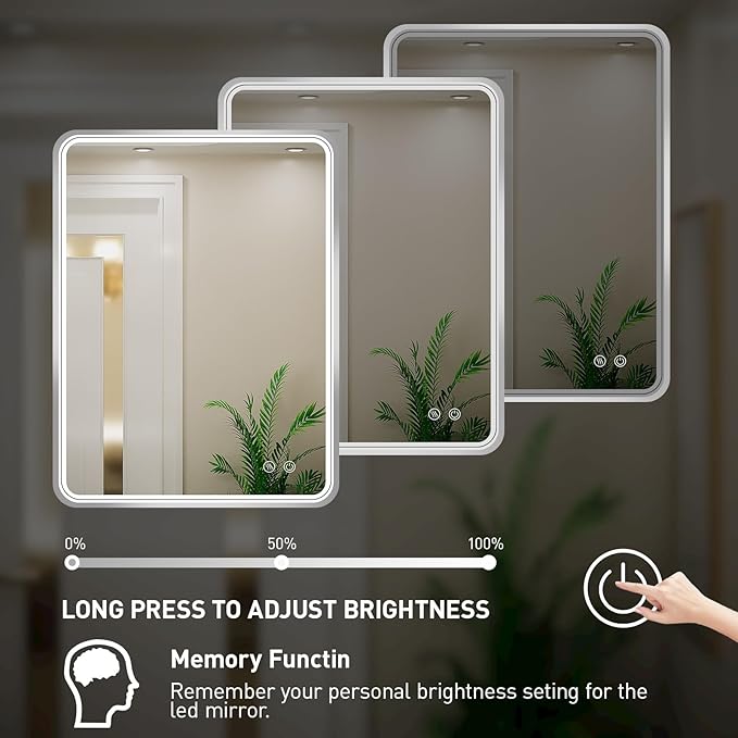 24x36 Inch LED Bathroom Mirror with Lights,Silver Metal Framed Brushed Lighted Vanity Mirror,Antifog Stepless Dimmable,Wall Mounted(Horizontal/Vertical)