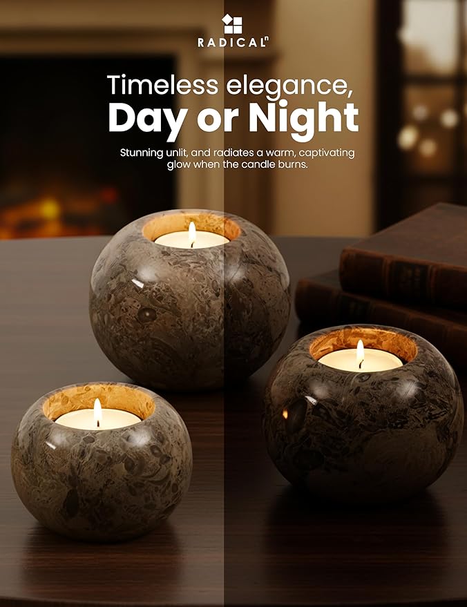 Radicaln Marble Tealight Candle Holder 4" Inches Oceanic Handmade Decorative Candle Accent for Wedding Table, Farmhouse Dining Table Centerpiece, Ideal Set of 3 Small Votive Candle Holders