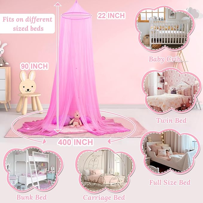 South to East Pink Bed Canopy for Girls, Princess Bed Canopy for Kids Room, Mosquito Net Canopy Girls Beds, Fire Retardant Fabric