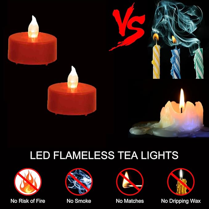 LED Tea Lights Candles- 100PACK Red Flameless Candles Realistic and Bright Flickering Long Lasting 200Hours for Holiday Celebration,Party, Home Decoration,Battery Operated