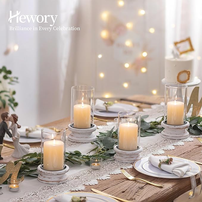Hewory Hurricane Glass Candle Holder: Rustic White Candle Holders for Pillar Candles, Vintage Decorative Wood Stand with Clear Cylinder Glass for Table Centerpiece Fireplace Mantel Farmhouse Decor