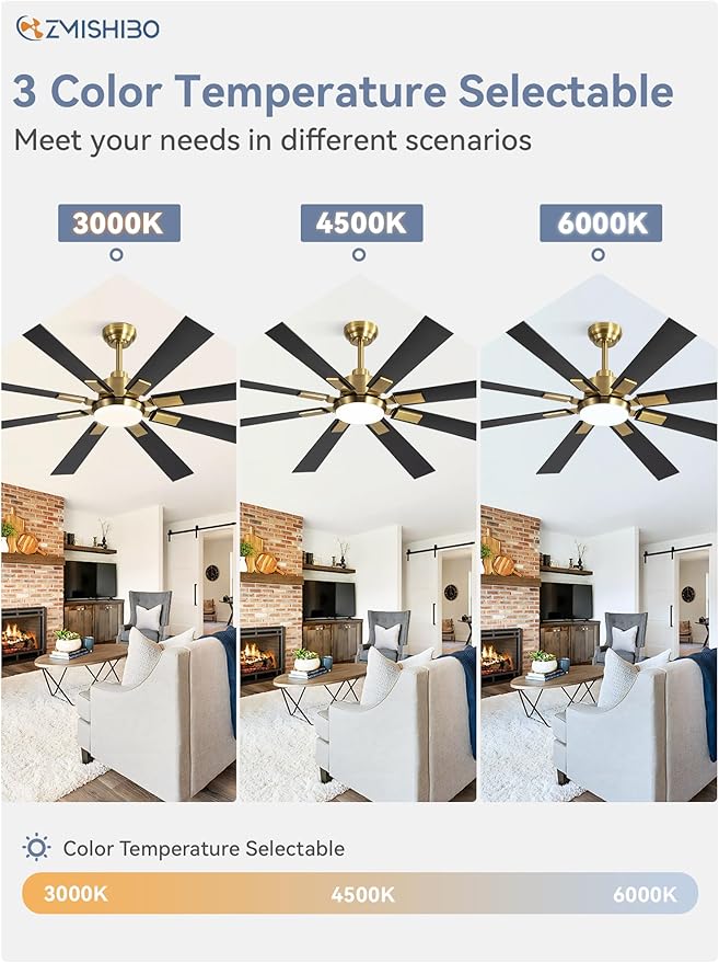 ZMISHIBO 62 Inch Black and Gold Ceiling Fans with Lights and Remote, Indoor/Outdoor Ceiling Fan for Patio Living Room, 6 Speed Reversible Quiet DC Motor, 3 CCT, Dual Finish Blades