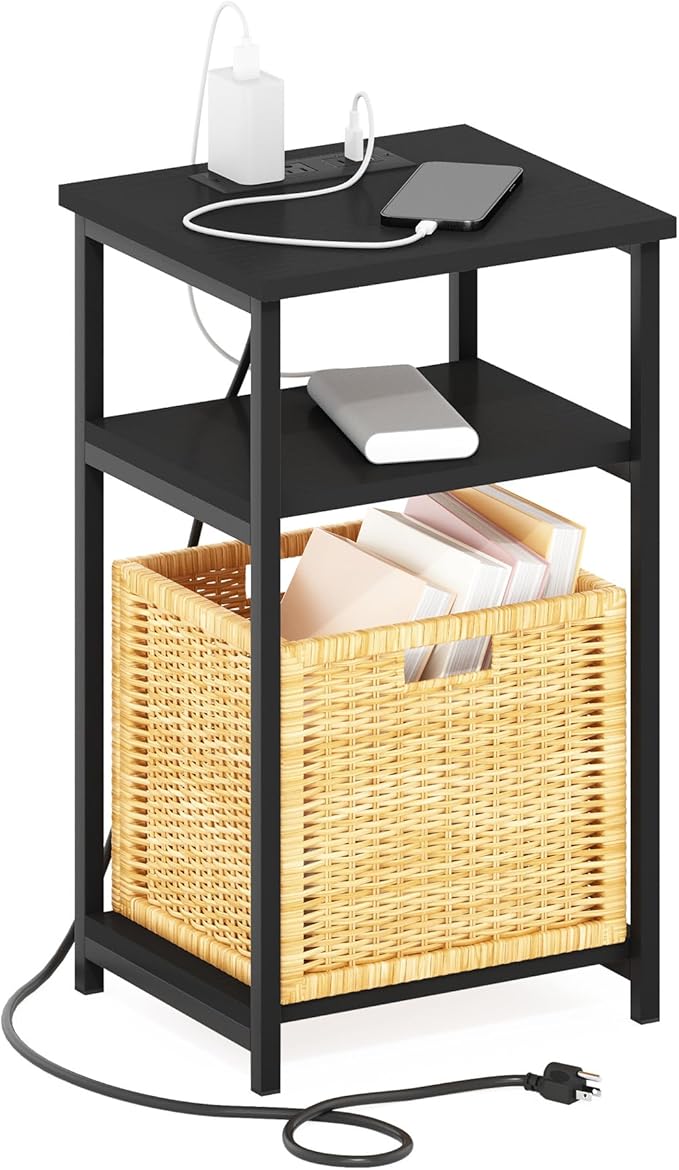 Furinno Moretti Side Table, 3-Tier End Table with Charging Station, Metal Frame Night Stand, Bedside Table with USB and Type-C Charging Port, for Living Room, Bedroom, Americano