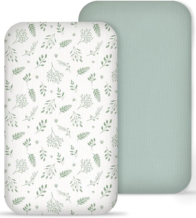 Muslin Bedside Bassinet Sheets 2 Pack, 33x20 Fitted Ultra Soft & Breathable Bedside Sleeper Sheets, Ideal for Baby Girl and Boy, Perfect for Newborns (Fern Leaf & Sage)