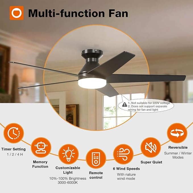 addlon Ceiling Fans with Lights, 52 inch Low Profile Ceiling fan with Light and Remote Control, Flush Mount, Reversible, 3CCT, Dimmable, Noiseless, Black Ceiling Fan for Bedroom, Indoor/Outdoor Use