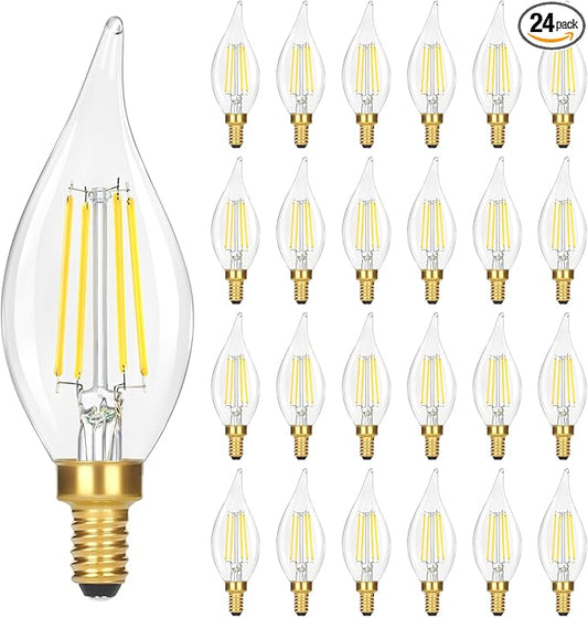 24-Pack Dimmable E12 LED Candelabra Bulbs, 40 Watt 5000K Daylight White LED Chandelier Light Bulbs, 4W 460 Lumen Vintage Flame Tip Candle Bulbs for lamp, Ceiling Fan, Home Decor