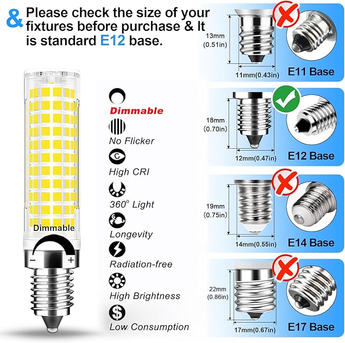 TAIYALOO Dimmable E12 LED Candelabra Bulb 100W Equivalent, Daylight White 6000K, 1000 Lumen T6 E12 10W LED Chandelier Light Bulbs for Ceiling Fan Pendant Lighting Salt Lamp, 6 Pack