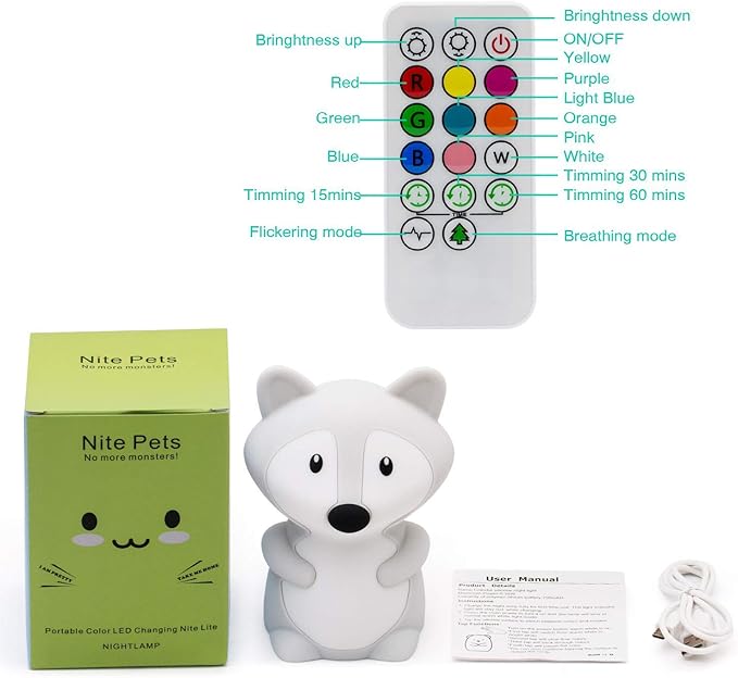 Animal Fox Kids Night Light, Cute Children's Room LED Bedside Rechargeable Child Lamp with Changeable RGB 9 Colors for Boy/Girl/Adult/Baby, Compatible with Touch-Control & Remote Control