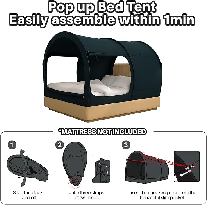 Alvantor Canopy Bed Dream Privacy Space Full Sleeping Tents Indoor Pop Up Portable Frame Curtains Breathable Grey Cottage (Mattress Not Included) Reducing Light, Charcoal (2006)
