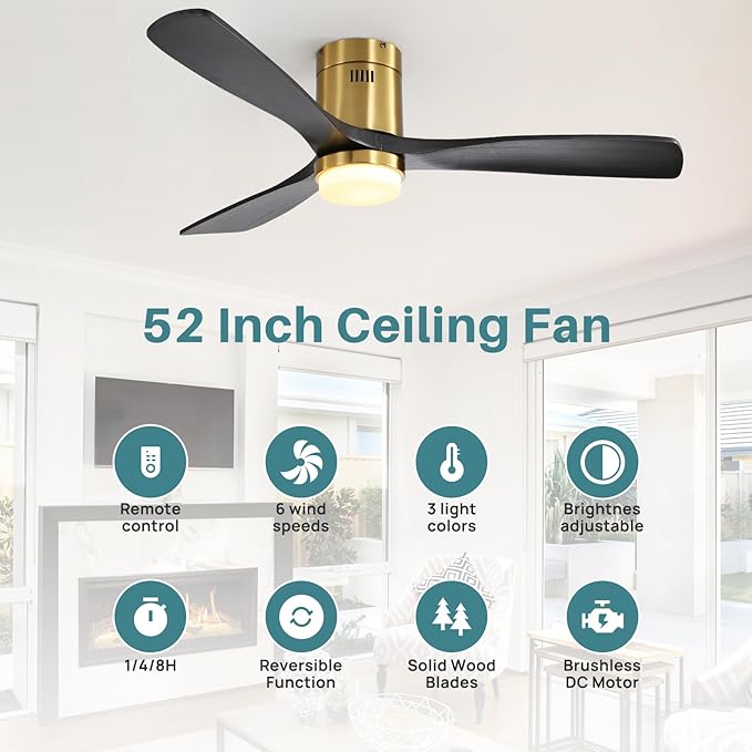 Sofucor Ceiling Fan with Lights-52 Inch Flush Mount Ceiling Fan with Light and Remote Control, Low Profile Wood Blades Modern Outdoor Ceiling Fans for Bedroom/Farmhouse/Patio/Indoor, Quiet DC Motor