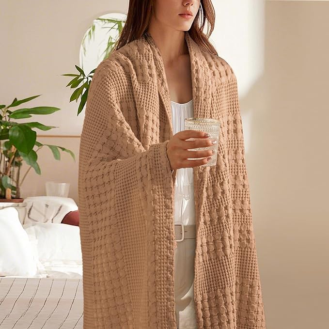 PHF 100% Cotton Waffle Weave Throw Blanket, Soft Lightweight Breathable Cozy Throws for Couch Bed Sofa, Luxury Aesthetic Woven Blanket for Home Decor & Office, 50"x60", Clay