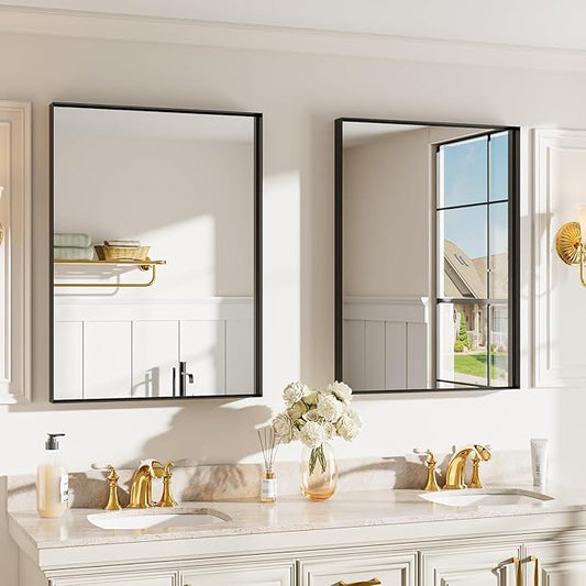 Black Vanity Wall Mirror, 22x 30 Inch Rectangular Bathroom Mirrors for Over Sink, Aluminum Metal Framed Mirror, Tempered Glass, Anti-Rust, (Horizontal/Vertical) 2Pack