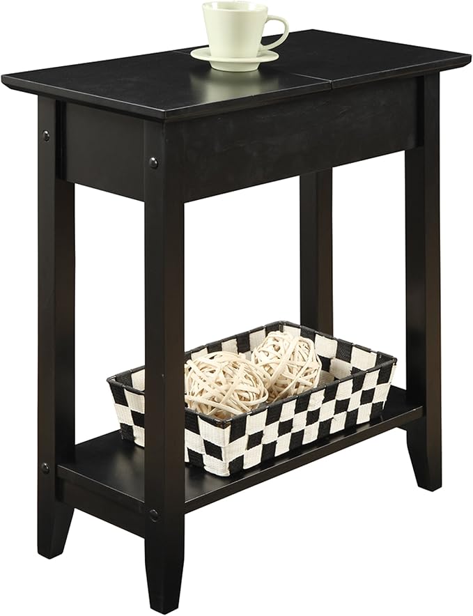 Convenience Concepts American Heritage Flip Top End Table 23.25" - Classic Narrow Chairside Accent with Hidden Storage & Lower Shelf for Traditional, Modern Living Room, Black