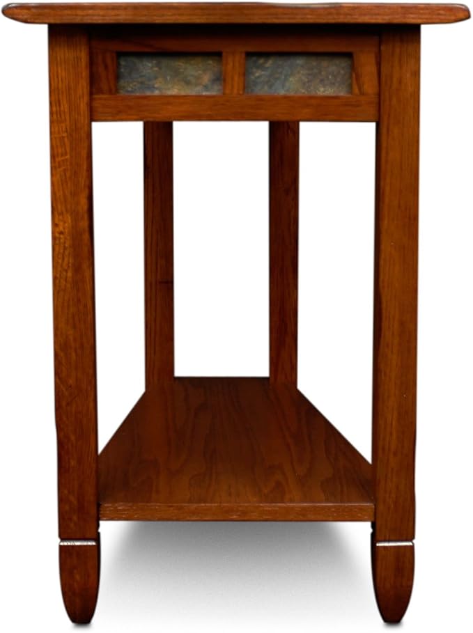 Leick Home Slate End Table, Solid Wood, Narrow Wedge Shape, Slate Tile Insets, Bottom Display Shelf, Easy-Assembly, Rustic Oak, 23.5 in. L x 17 in. W x 24 in. H, 10056