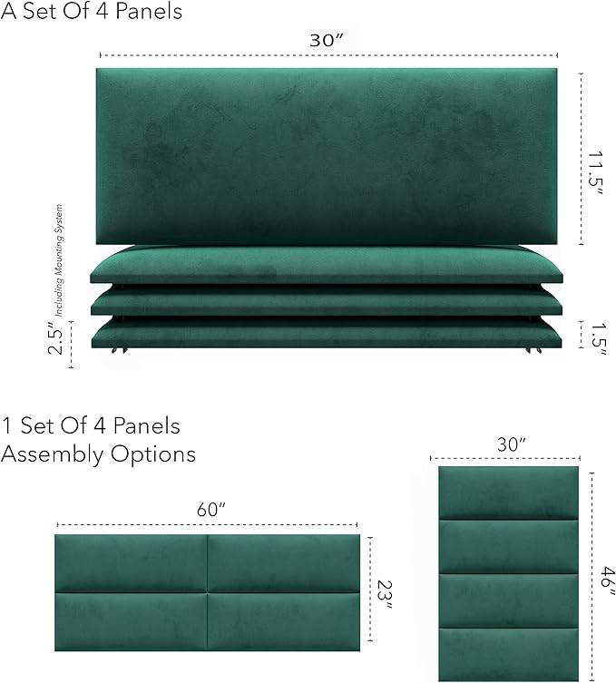 Vänt Upholstered Wall Panels - Queen/Full Size Wall Mounted Velvet Headboards - Velvet Emerald Green - Set of 4 Panels (Each Individual Panel 30"x11.5")