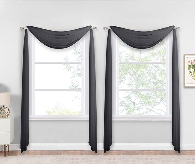 NICETOWN Black Sheer Villa Scarf Curtain Panels, Simple Voile Sheer Scarf Valance for Your Son & Farther Bedroom, 2 Pieces, 60" Length by 216" Width