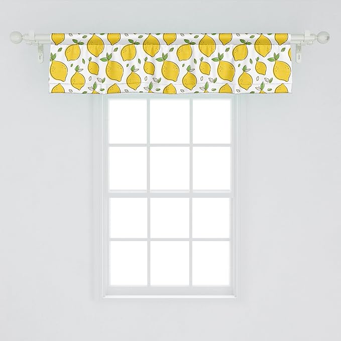 Ambesonne Lemons Window Valance Pack of 2, Continuous Citrus Fruits Leaves Refreshing Cartoon Pattern, Rod Pocket Curtain Valances for Kitchen Bedroom, 54" X 12", Lime Green Earth Yellow