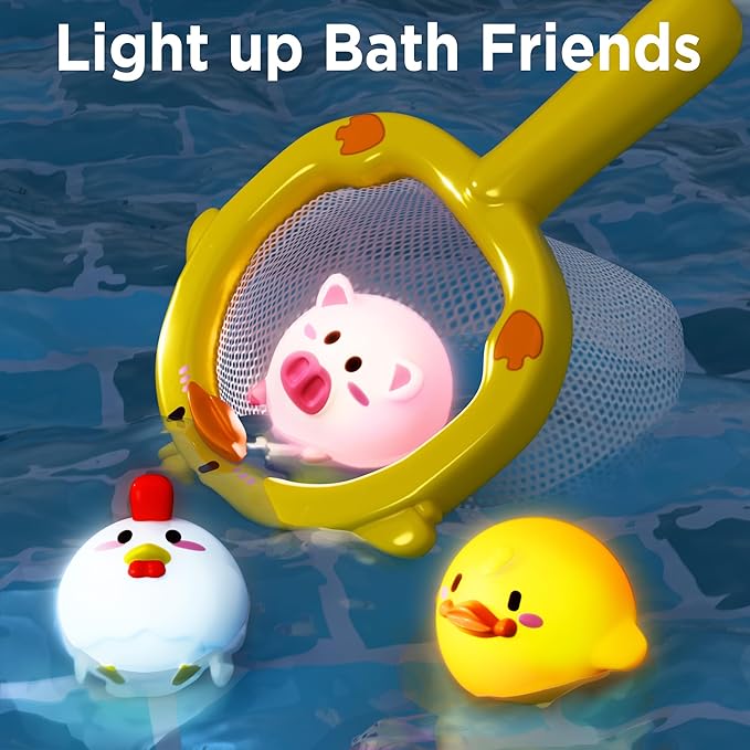 iPlay, iLearn Baby Duck Bath Toy, Toddler Bathtub Suction Water Spinner Gear, Kid Shower Fishing Game W/ Net, Light up Animal, Wind up Swimming Duck, Birthday Gift 6 9 12 Month 1 2 3 Year Old Boy Girl