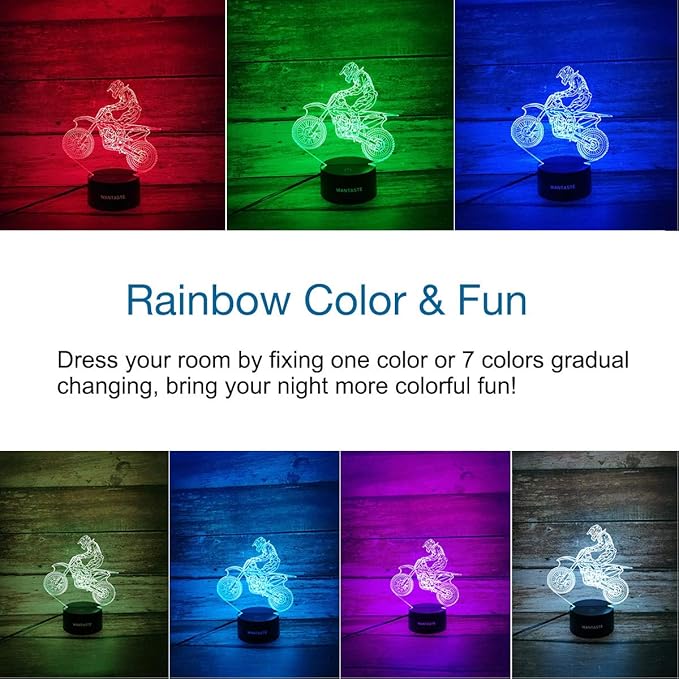 Motocross 3D Lamp Gift with Remote, Dirt Bike Decor Toys for Boys Girls Room, 7 Colors Changing Nightlight Bedside for Kids Baby