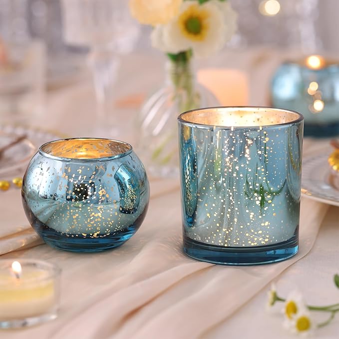 10 Pcs Assorted Lake Blue Votive Candle Holders, Larger Size Mercury Glass Candle Holder, Tealight Candle Holders for Wedding Decorations, Bridal Shower Table Decorations, Lake Blue Centerpieces