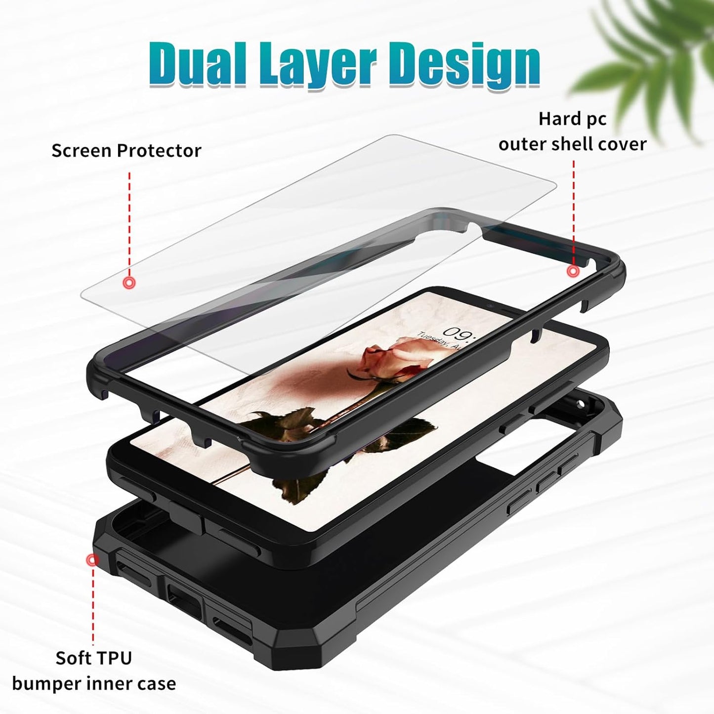 for TCL ION X Case, Heavy Duty Rugged Hard PC & Soft TPU Bumper with Glass Screen Protector for TCL ION X/ION V/40Z -