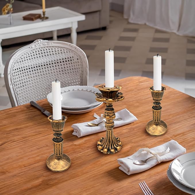 GEMLORD 6 Pcs Vintage Candlestick Holders for Taper, Resin Candle Holder Retro Antique Bronze Candle Holder for Wedding Party Anniversary Table Fireplace Home Decoration (3 Style)