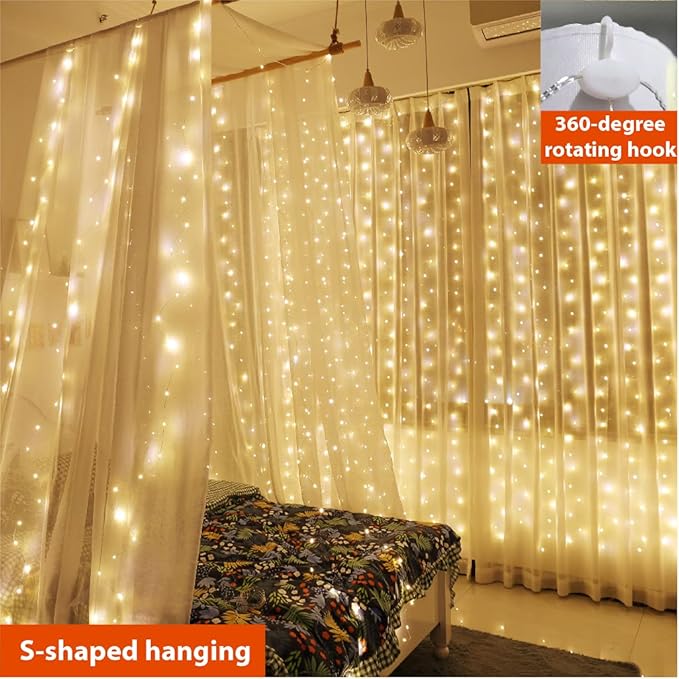 ZSJWL 300 LED Curtain Fairy Lights with Remote, 8 Modes 9.8 × 9.8 Ft Curtain String Light USB Plug in, Twinkle Copper Wire Lights for Bedroom Window Chrismas Wedding Party, Warm White