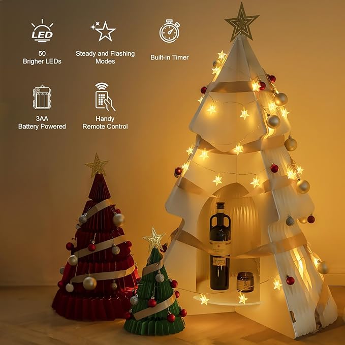 Brightown Star String Lights Battery Operated - 17 ft 50 LED Star Fairy String Lights with Remote and Timer, 8 Modes Waterproof for Bedroom Tent Loft Bed Patio Party Wedding Decor, Warm White