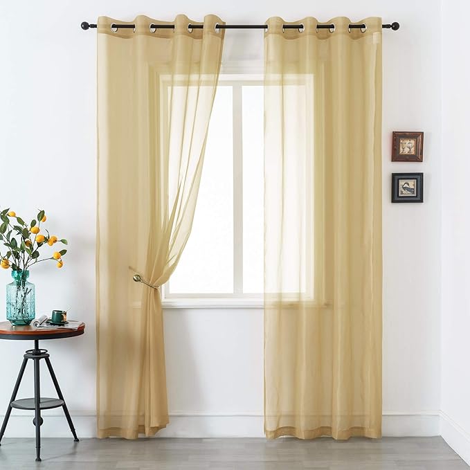 DUALIFE Tan Beige Sheer Curtains with Grommet,Look Semi Natural Taupe Sheer Windows Panels,Elegant Solid Color Touch Soft Drapes, 52X96 Inch for Living Room Bedroom,Set of 2 Panels Khaki