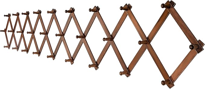 SKOLOO Accordion Wall Hanger with 28 Hooks, Modern Expandable Coat Rack Hat Rack for Wall, Solid Wooden, Walnut Color