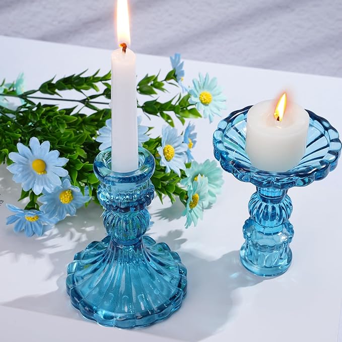 Suclain 24 Pcs Glass Taper Candle Holder Sets 12 Candlestick Holder with 12 White Long Candles for Wedding Party Decor Dinner Decoration(Blue)