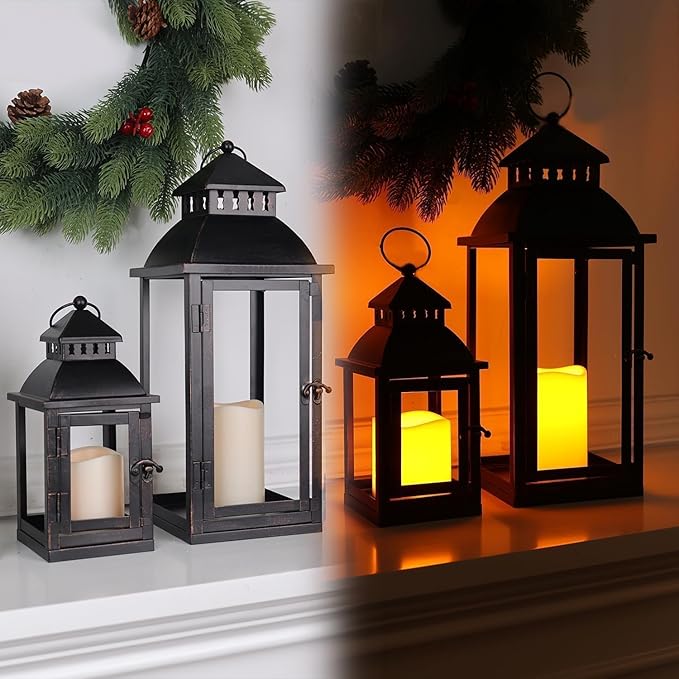 DECORKEY LED Lanterns Decorative Outdoor&Indoor, Set of 2 (17’’&11’’) Large Black Metal Lantern Decor with bronze brush, Candle Holder for Porch, Patio, Garden, Balcony, Wedding Decorations (No Glass)