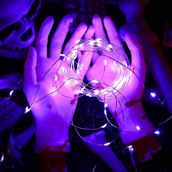 BrizLabs Purple Halloween Lights, 19.47ft 60 LED Purple Fairy Lights, 2 Modes Battery Halloween String Light, Indoor Silver Wire Battery Twinkle Light for Christmas Party Carnival Home Wedding Decor