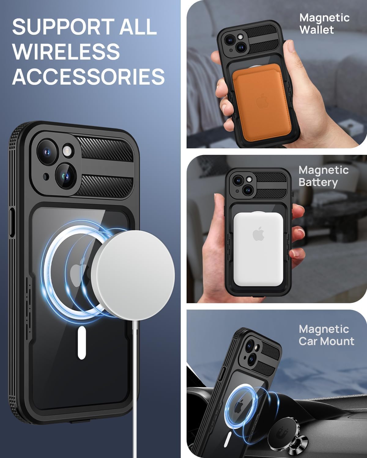 iPhone 15 Plus 5G Waterproof Case, Black, Hybrid Rugged, Shockproof, Magsafe Compatible, Full Body Protection, Lanyard,