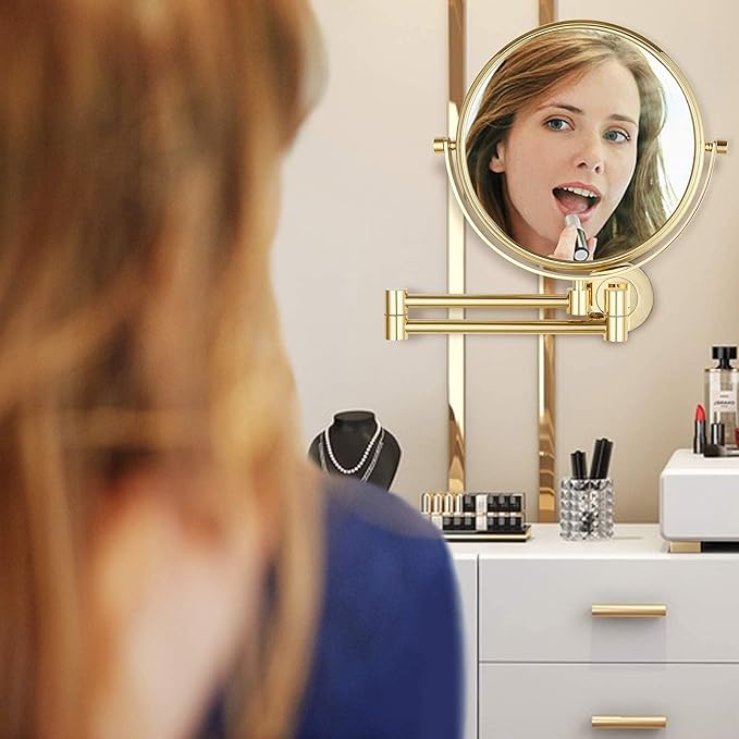DOWRY 8-Inch Double-Sided Wall Mounted Makeup Mirror with 10x Magnification,14.4-Inch Extension,Gold Finish 1305J(8in,10x)