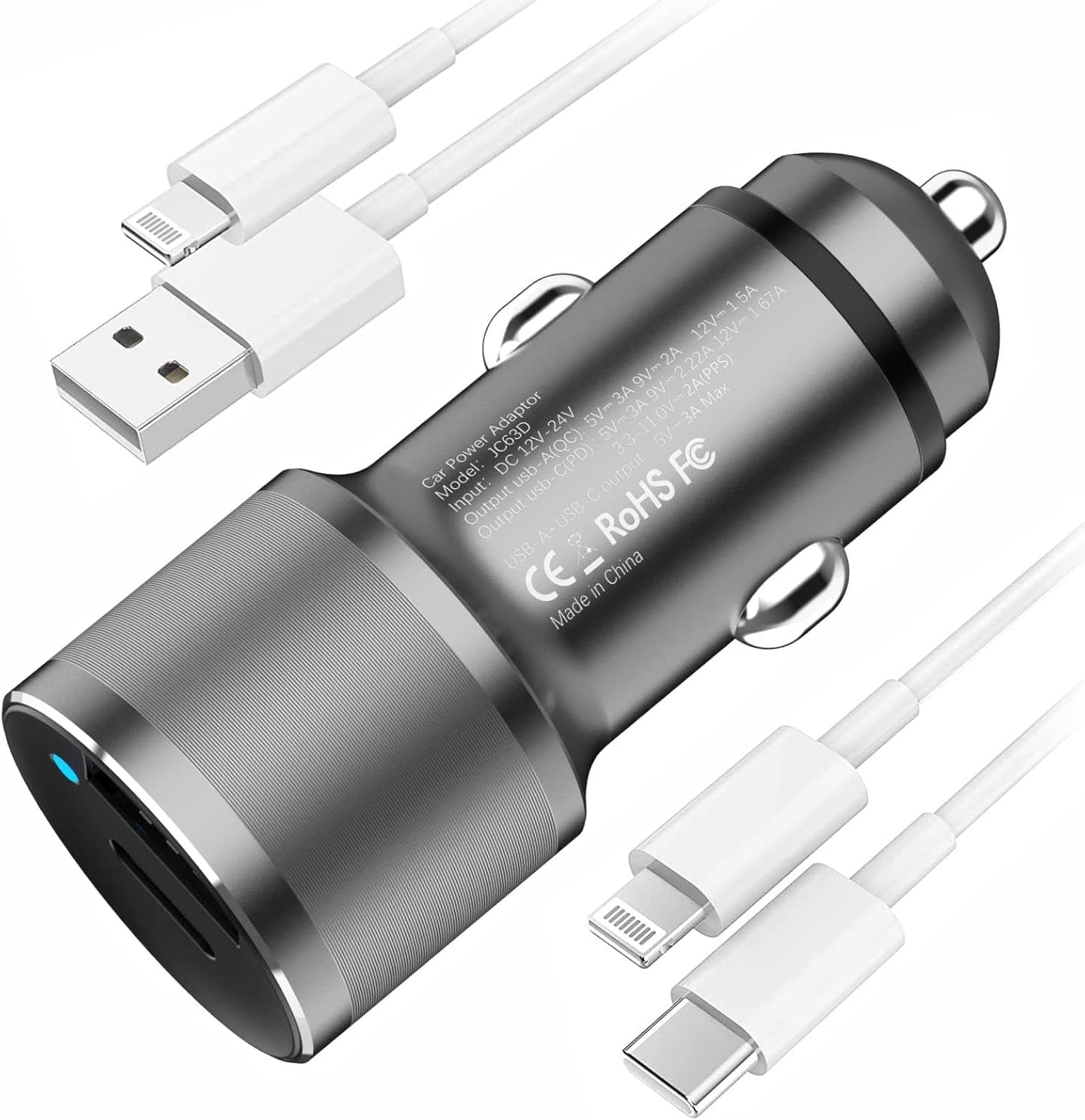 MOCA 38W Fast Car Charger for iPhone, Dual Port USB C Power Delivery with 2Pack PD Lightning Cord Quick Charging