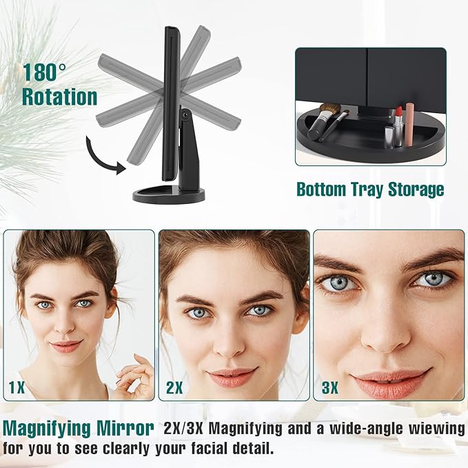 FASCINATE Lighted Makeup Mirror, 21 Bright LED Lights, 3x/2x/1x Magnifying Trifold LED Vanity Mirror, Touch Control Dimmable Brightness,180 ° Rotaion