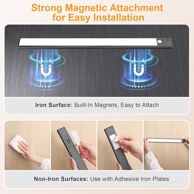 Gritin 14.7inch Under Cabinet Lighting Rechargeable - 128 LED Super Bright, 3-Color&5 Level Brightness, 4 Modes, Motion Sensor, Long Lasting-Easy Installation Magnetic Closet Lights - 2 Pack-Black