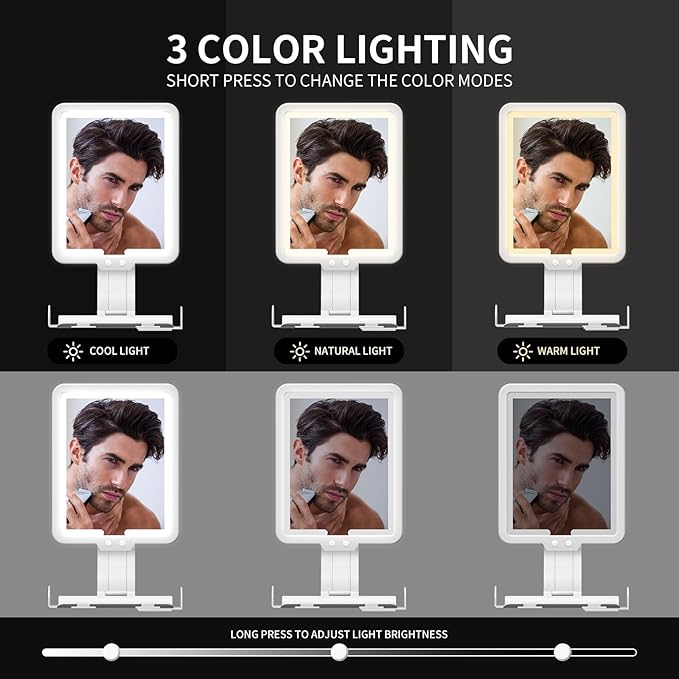 Lighted Shower Mirror Fogless for Shaving, Heated Fog Free Large 9.5*7inch 3 Color Modes Dimming Shower Shaving Mirror with Light, Rechargeable Anti-Fog Shower Mirror with Storage Tray & Razor Holders