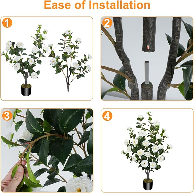 2 Pack 43.3"/3.6FT Artificial Camellia Tree Fake Outdoor Tree with 32 Blooming Flowers White Tree for Home Front Door Winter Christmas Indoor Decor (Including Dried Moss)