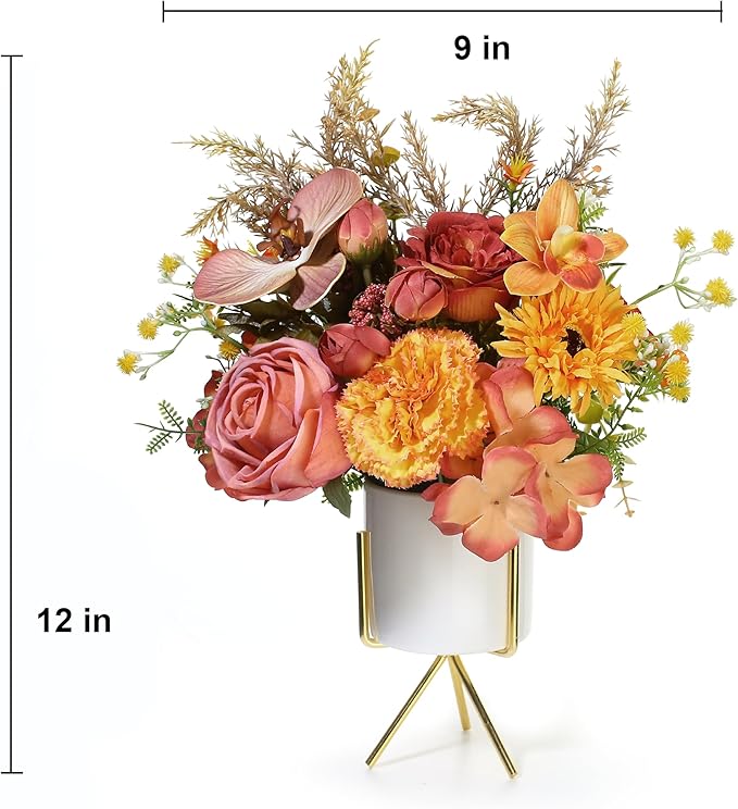 Artificial Orange Carnation and Orchid Flower Arrangement in White Ceramic Vase with Gold Stand (Orange)