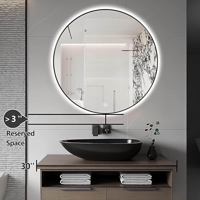 26" Round LED Bathroom Mirror, Wall Mounted Backlit Vanity Mirror with 45° Beveled Frame Lighted Mirror for Bedroom, Fog Free 3-Color Dimmable Lights Memory Function, Black