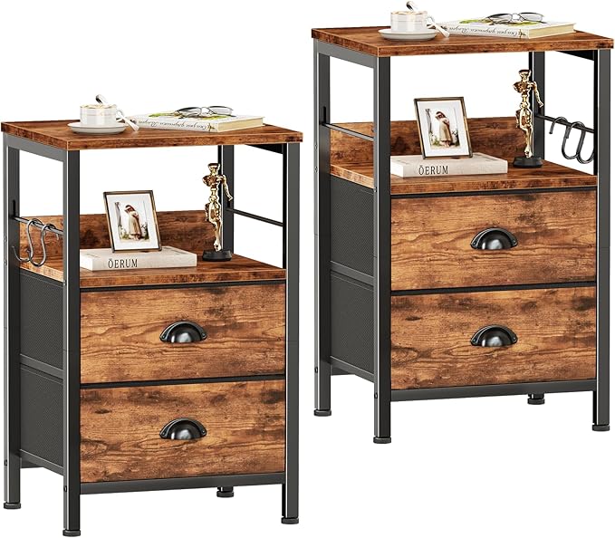 Furologee Night Stand Set of 2, Nightstand with 2 Fabric Drawers, Bed Side Table with Open Shelf, Wooden Top, Hooks, Backboard Design, End Table for Bedroom, Study, Hallway, Brown
