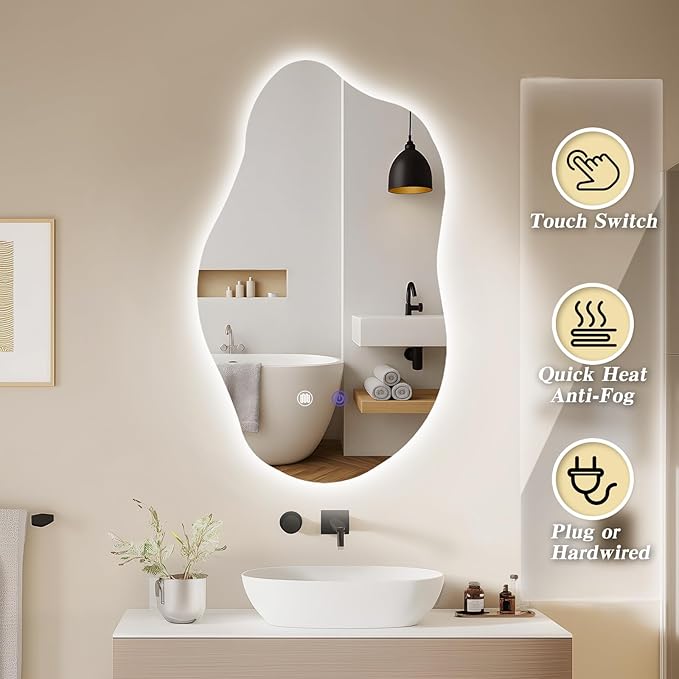 QDSSDECO Irregular LED Bathroom Mirror with Lights,Asymmetrical Led Bathroom Vanity Mirror for Wall with Front and Backlit, Anti Fog, 3 Colors and Dimmable Light, 19.7" x 33.5"