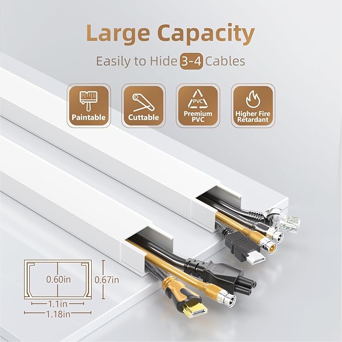 Delamu Cable Hider, 315in Cord Covers for 3-4 Wires on Wall, Large TV Cord Hider Wall, Paintable Wire Hiders Wire Covers for TV Cords on Wall, Easy Mount Cable Cover Raceway Kit, W1.18 H0.6in, White