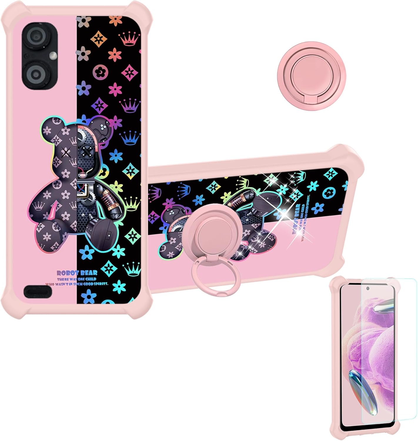 jioeuinly Case for Nuu A23 Plus S6304l, Colorful Reflect Light Cover with Tempered Glass Screen Protector and Ring