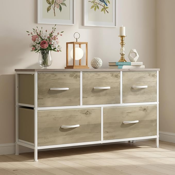 OLIXIS Dresser for Bedroom with 5 Drawers, Wide Chest of Drawers, Fabric Bedroom Dresser with Drawer Organizer, Storage Organizer Unit with Fabric Bins for Closet, Living Room, Hallway, Classic Black