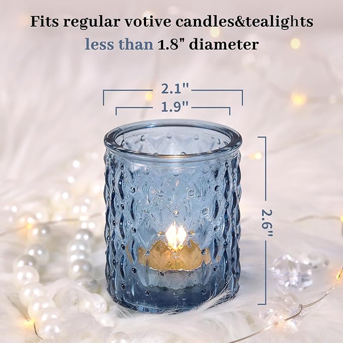 12pcs Blue Votive Candle Holders-Glass Candle Holder for Centerpiece Table Decorations, Tea Light Candle Holders for Wedding Decor, Home Decor, Baby Shower and Party Decor